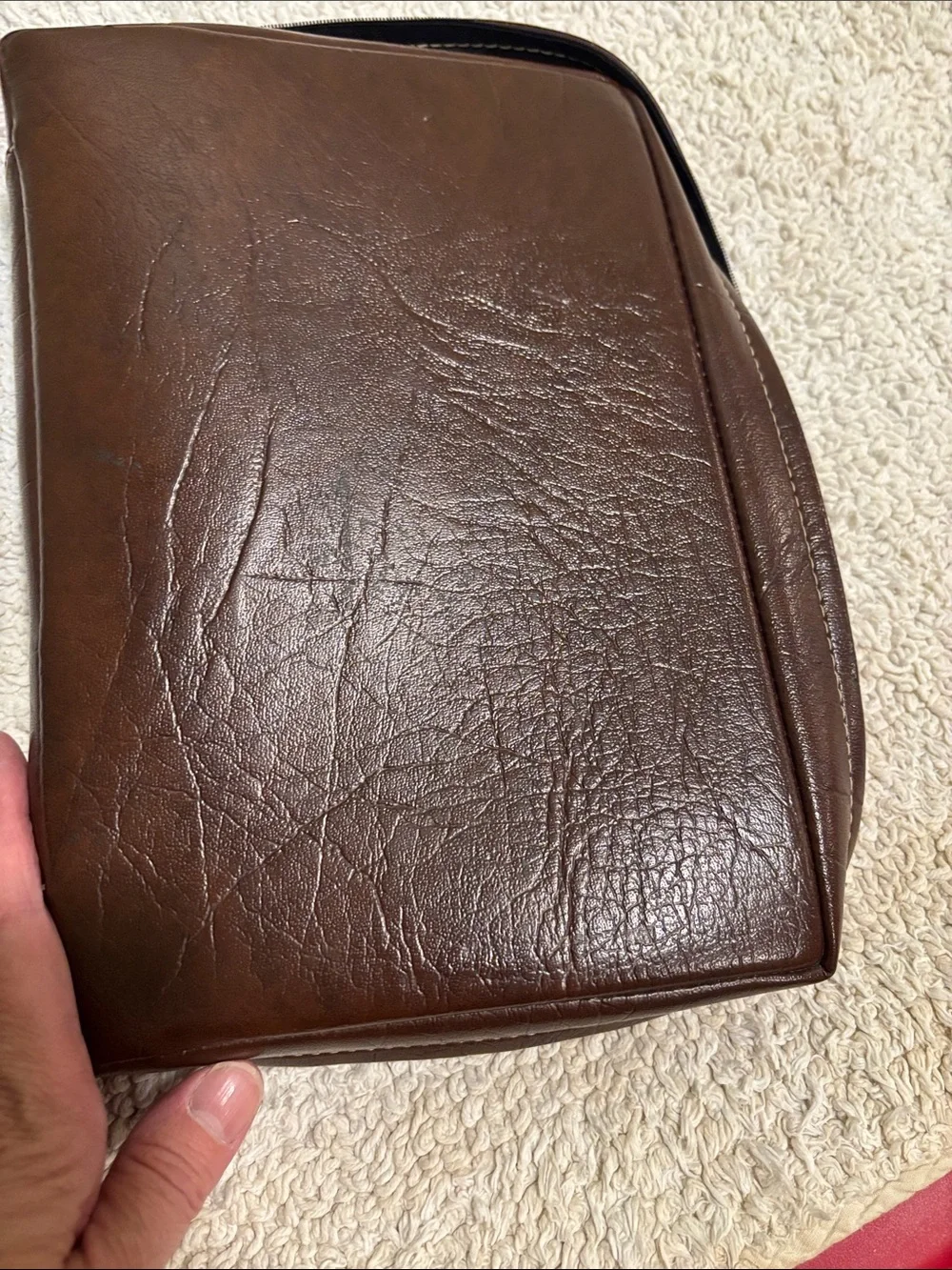 Vintage faux leather zippered Bible cover case with  raw nail cross design